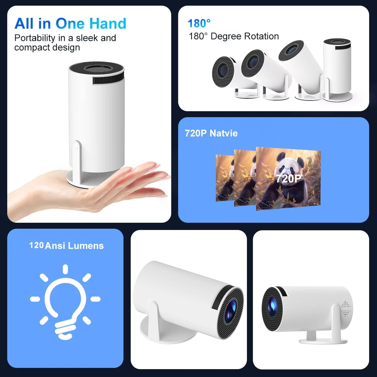 Smart Mini Projector – Android 12 | WiFi | Bluetooth 5.2 | 180° Rotation